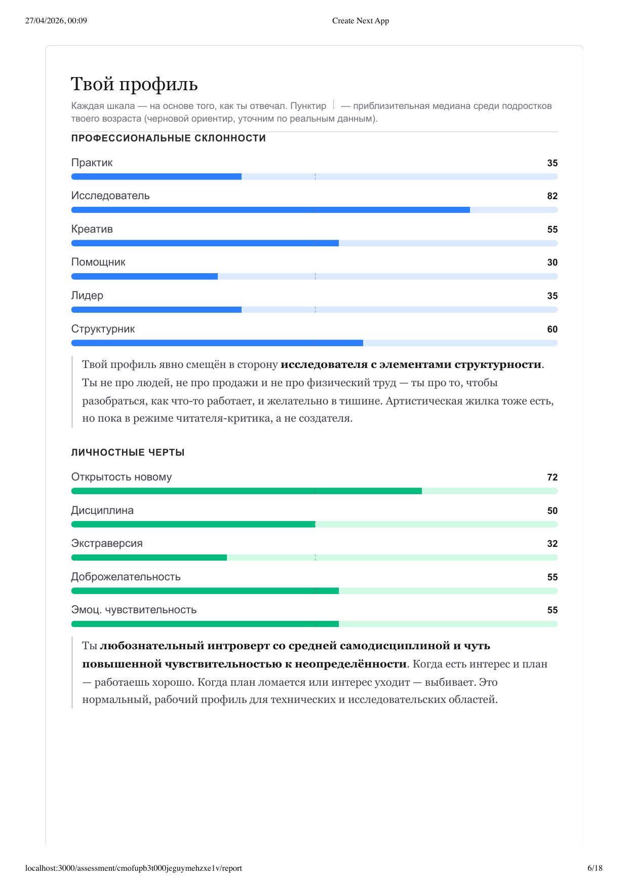 Страница 6 — твой профиль (RIASEC + Big Five)